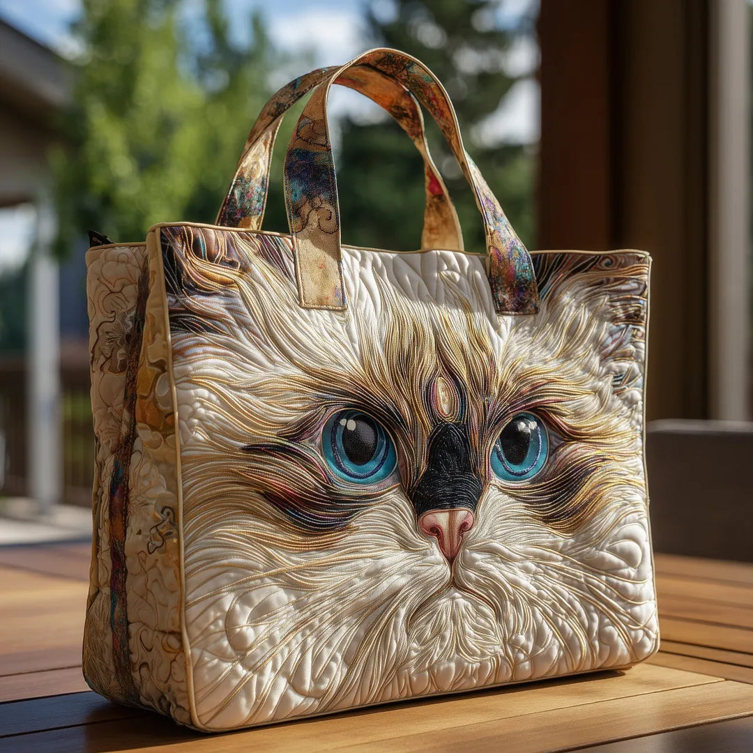White Cat with Blue Eyes - Quilted Tote Bag
