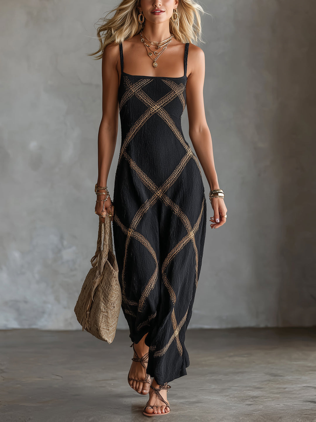 Renée – Geometric Dress Black Camel