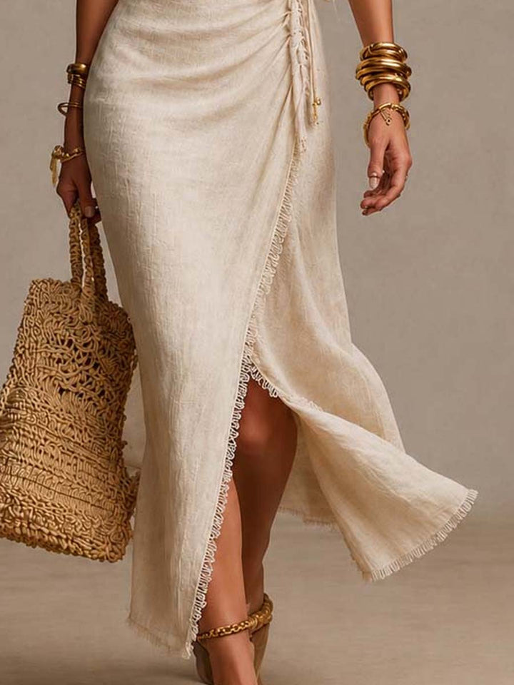 Clémence | Midi Dress Made from Natural Linen with Crossed Neckline and Lace