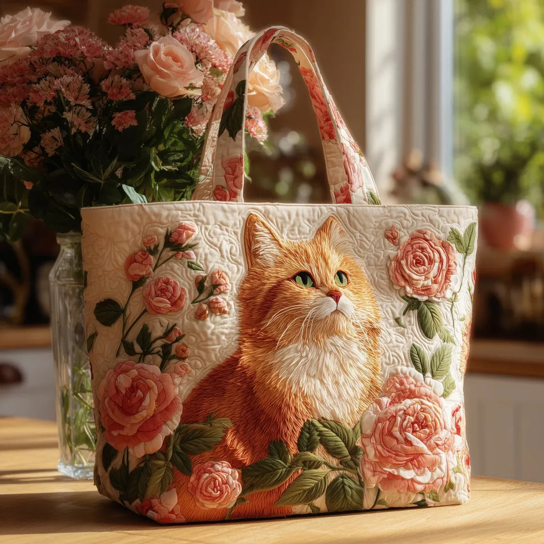 Red Cat with Roses - Quilted Tote Bag