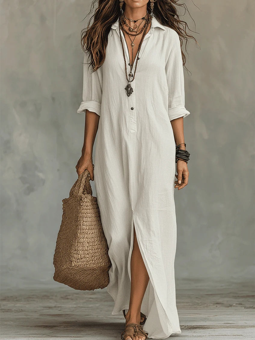 Soline - Long Maxi Dress in Black with Buttons