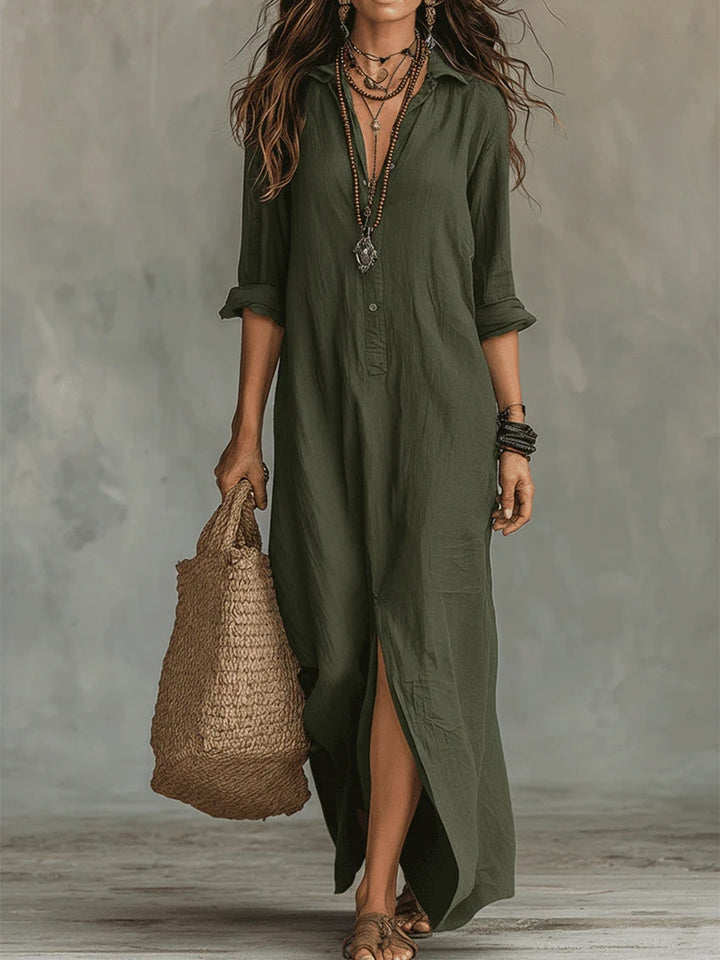 Soline - Long Maxi Dress in Black with Buttons
