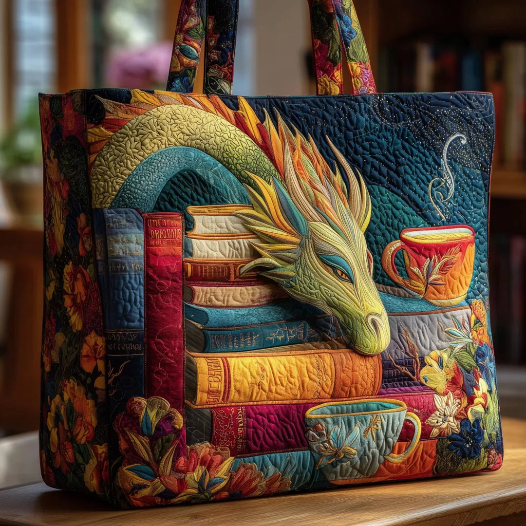 Reading Dragon with Books and Mug - Padded Tote Bag