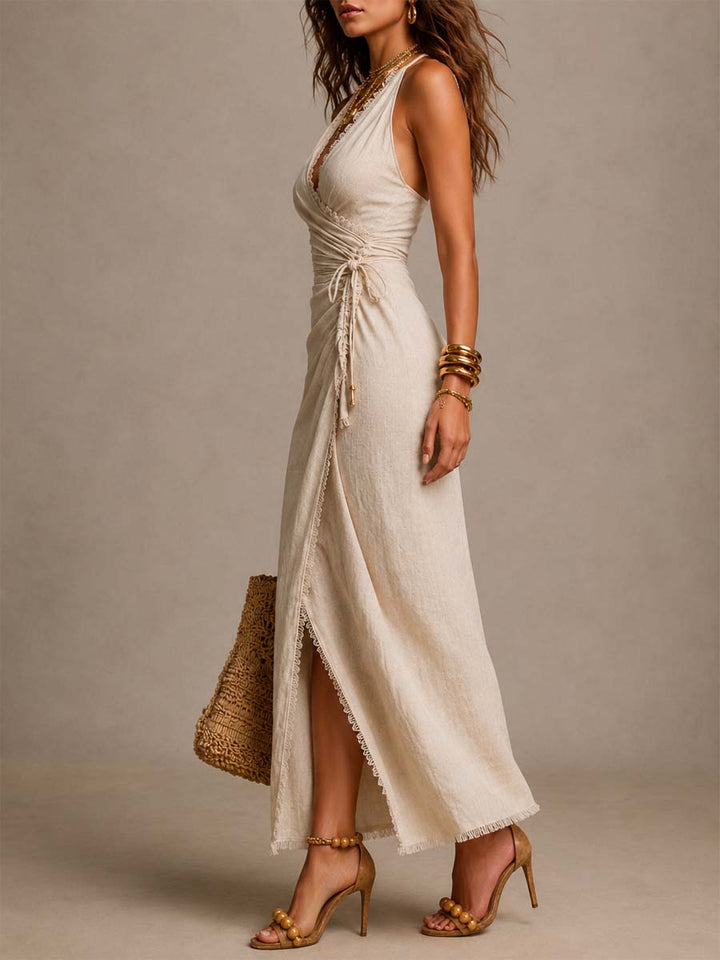 Clémence | Midi Dress Made from Natural Linen with Crossed Neckline and Lace