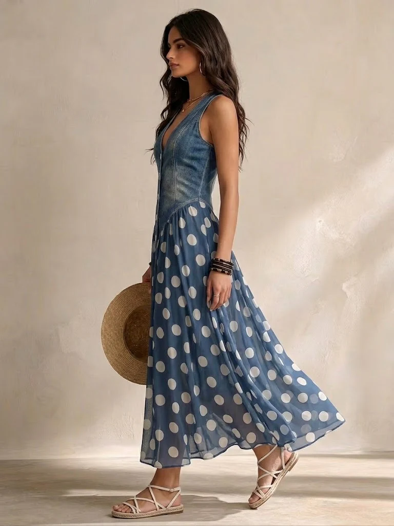 Beatrice | Stylish Denim Dress with Polka Dot Chiffon Skirt