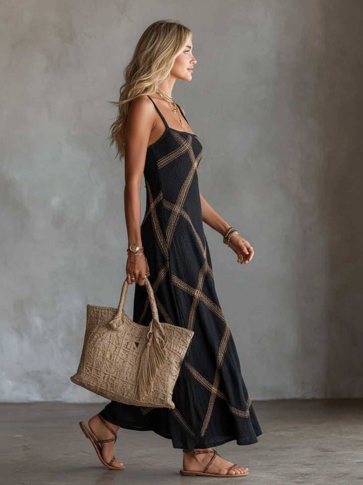 Renée – Geometric Dress Black Camel