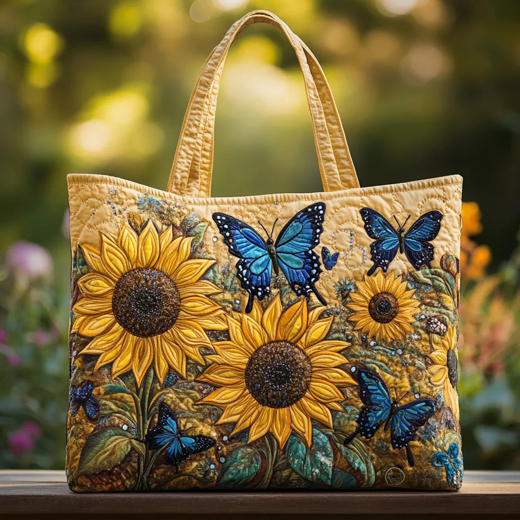 Sunflowers and Blue Butterflies - Quilted Tote Bag