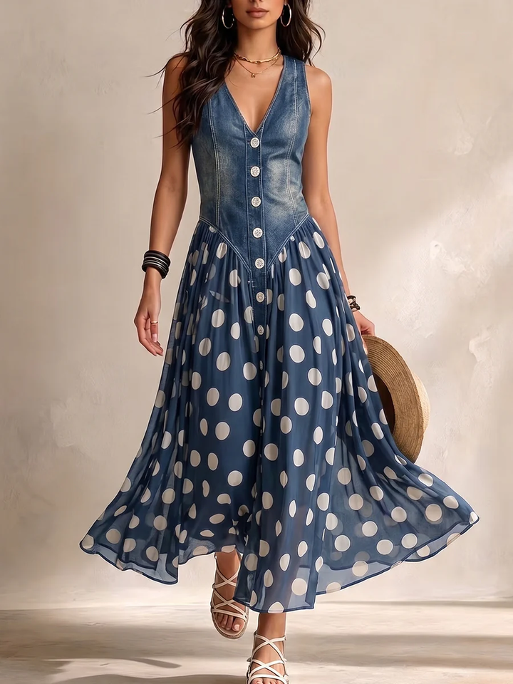 Beatrice | Stylish Denim Dress with Polka Dot Chiffon Skirt