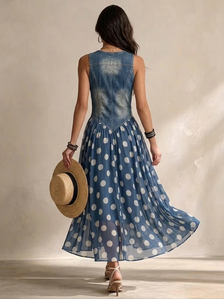 Beatrice | Stylish Denim Dress with Polka Dot Chiffon Skirt