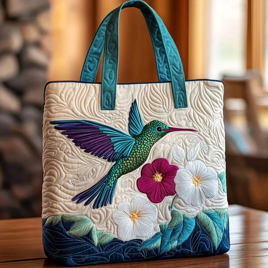 Hummingbird and White Flower - Quilted Tote Bag
