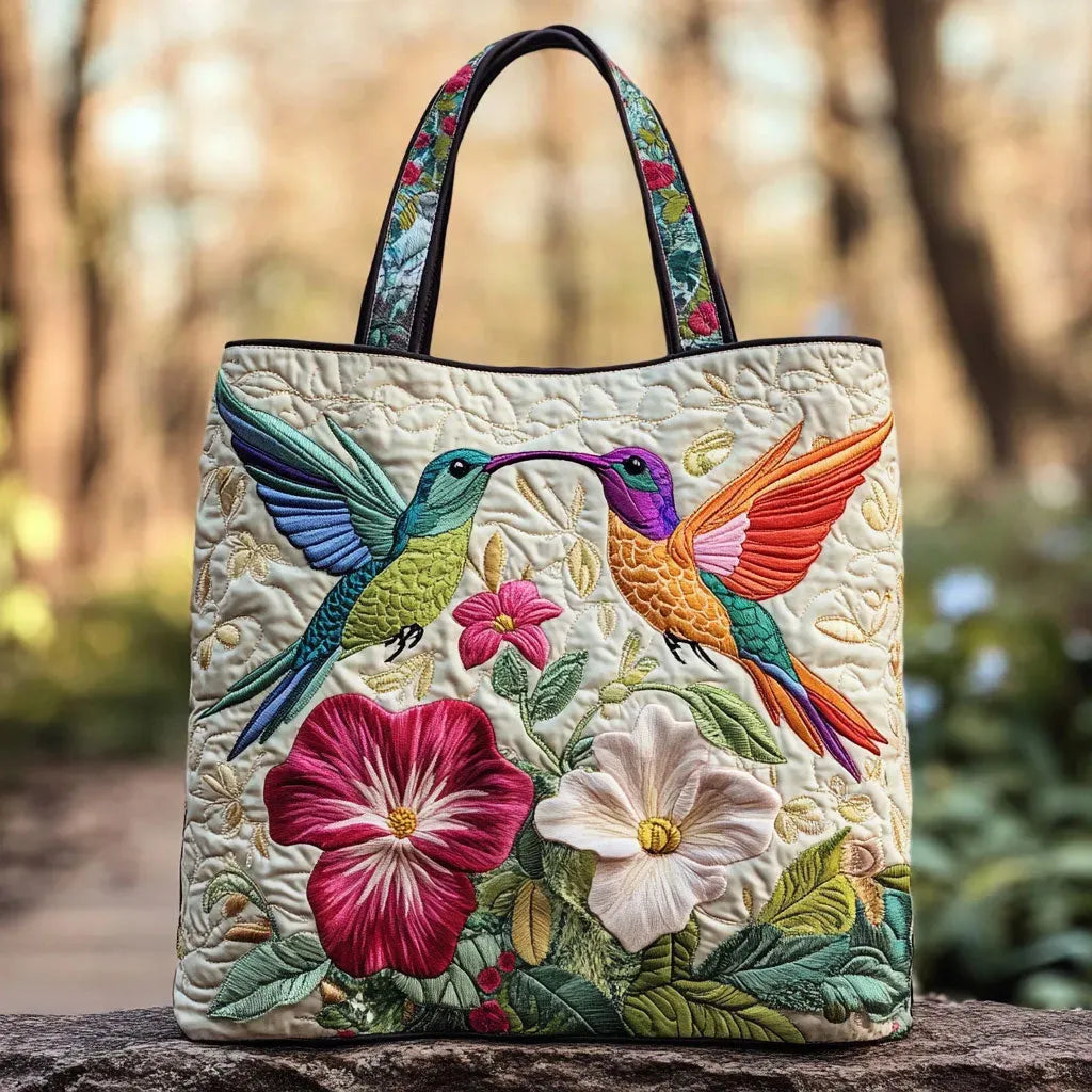 Kolibri and White Flowers - Quilted Tote Bag