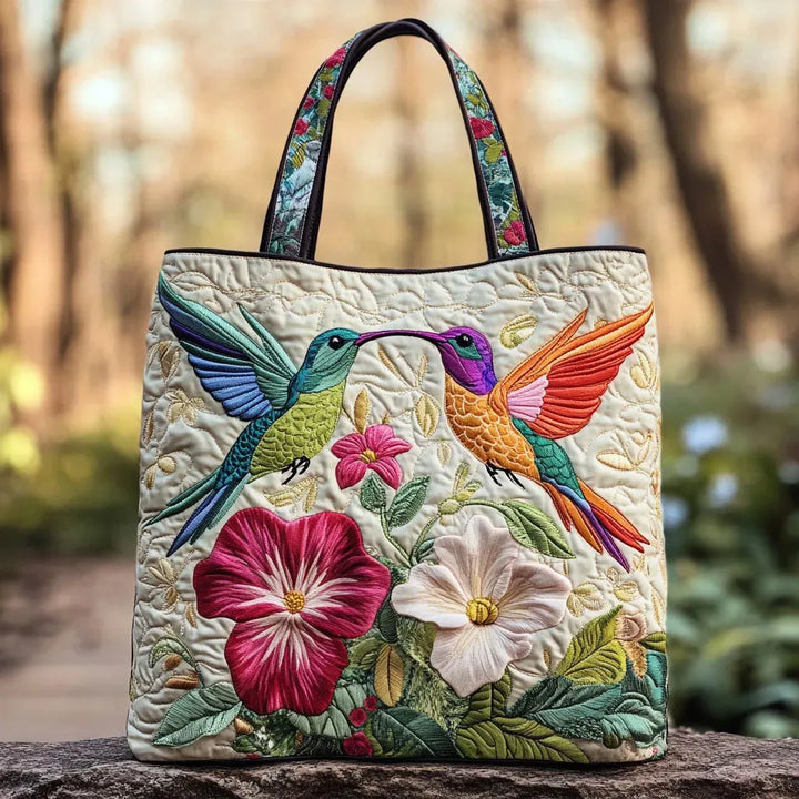 Kolibri and White Flowers - Quilted Tote Bag