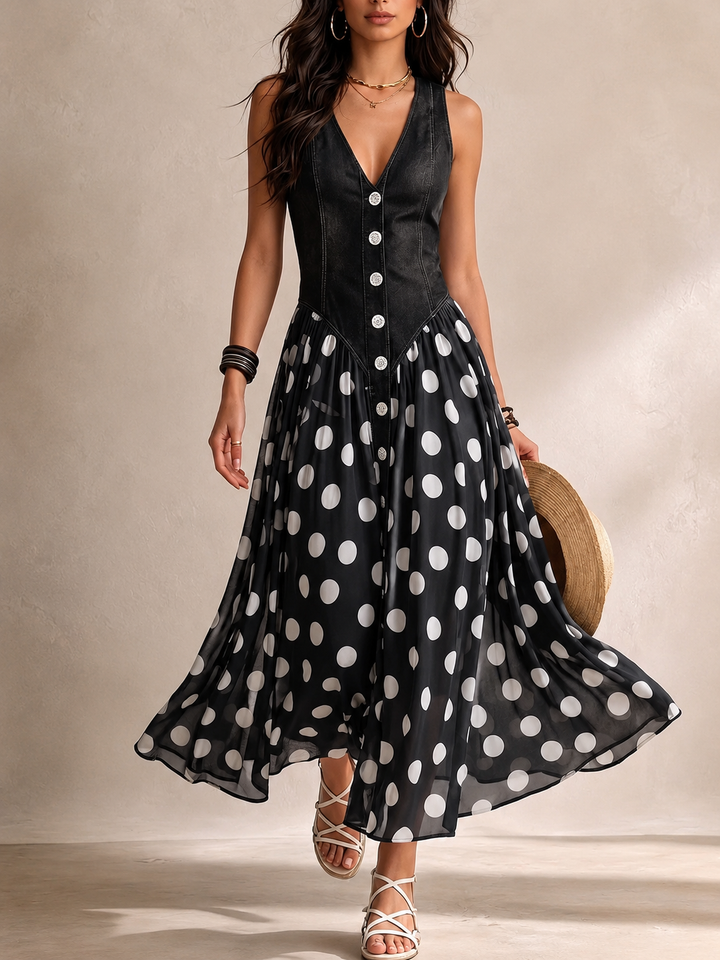 Beatrice | Stylish Denim Dress with Polka Dot Chiffon Skirt