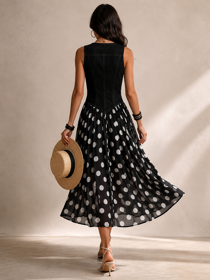 Beatrice | Stylish Denim Dress with Polka Dot Chiffon Skirt