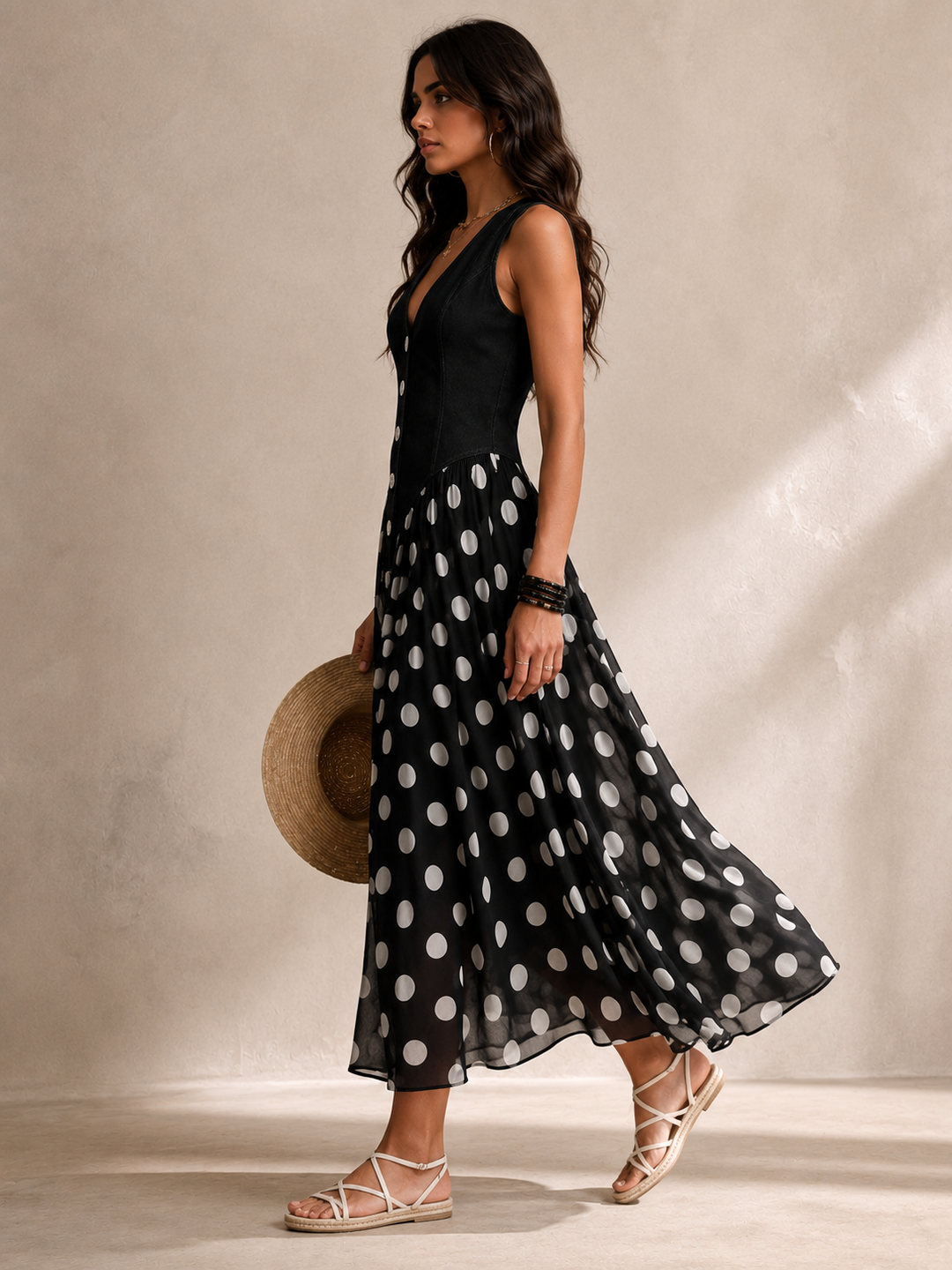 Beatrice | Stylish Denim Dress with Polka Dot Chiffon Skirt