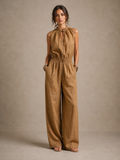 Virginie | Jumpsuit in Camel with high neckline, tied décolletage and wide leg