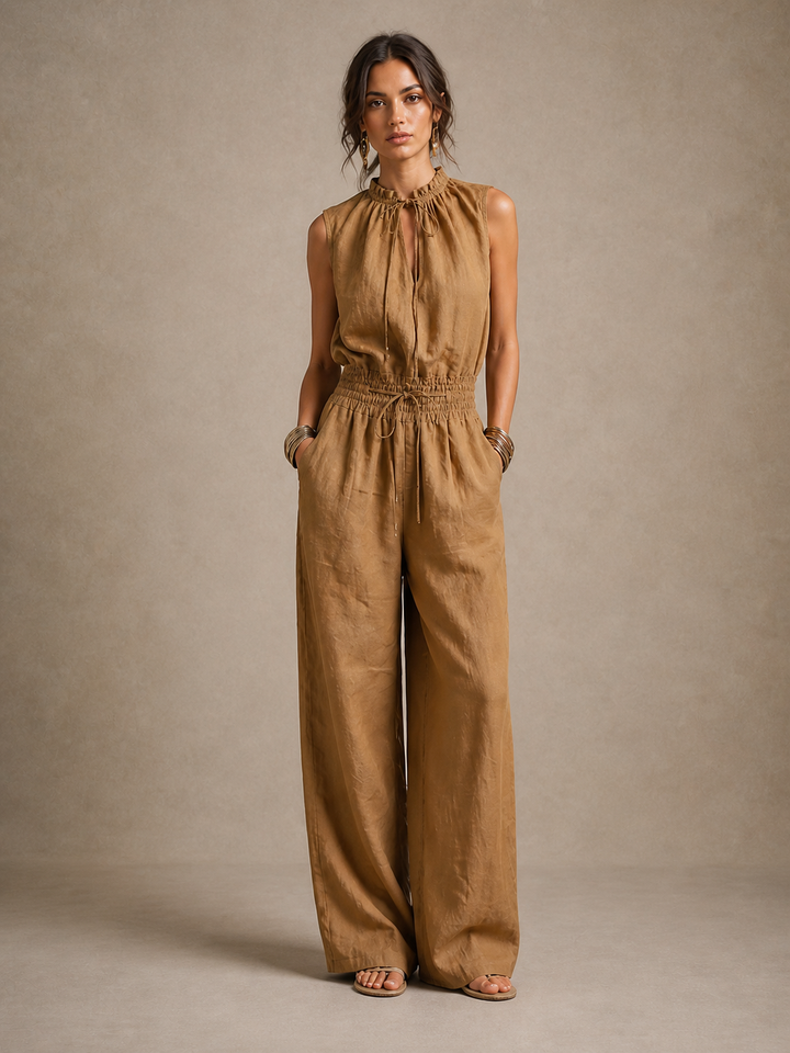 Virginie | Jumpsuit in Camel with high neckline, tied décolletage and wide leg
