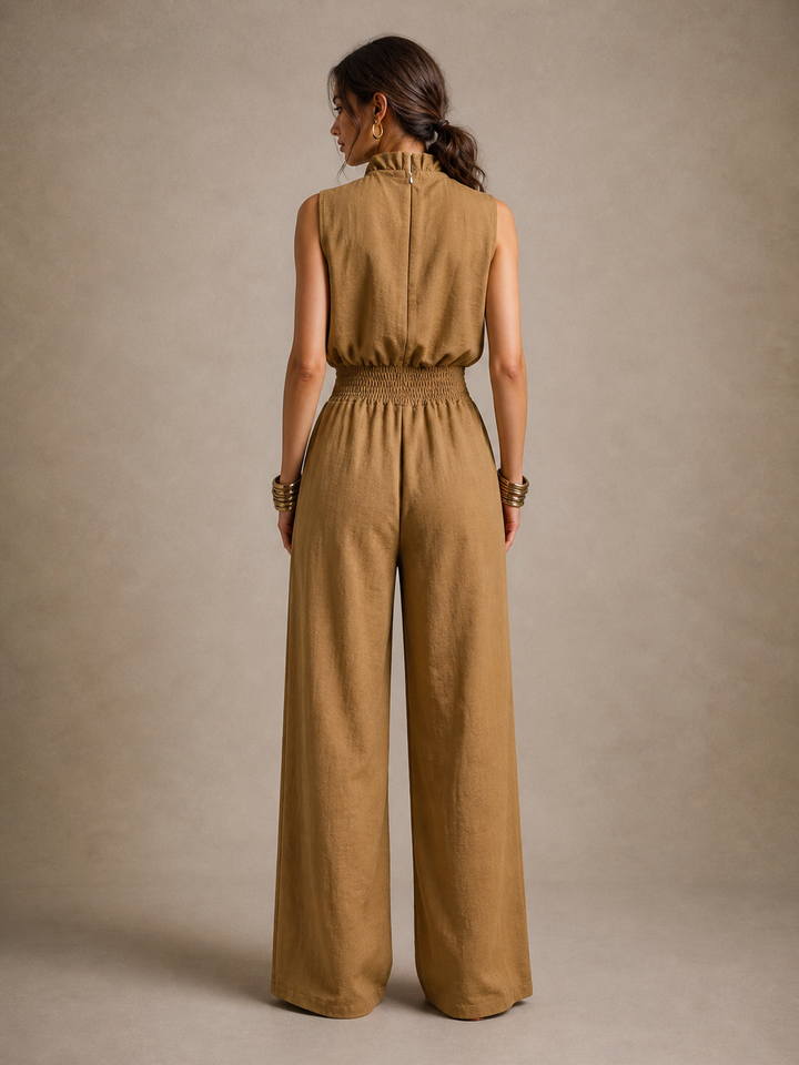 Virginie | Jumpsuit in Camel with high neckline, tied décolletage and wide leg