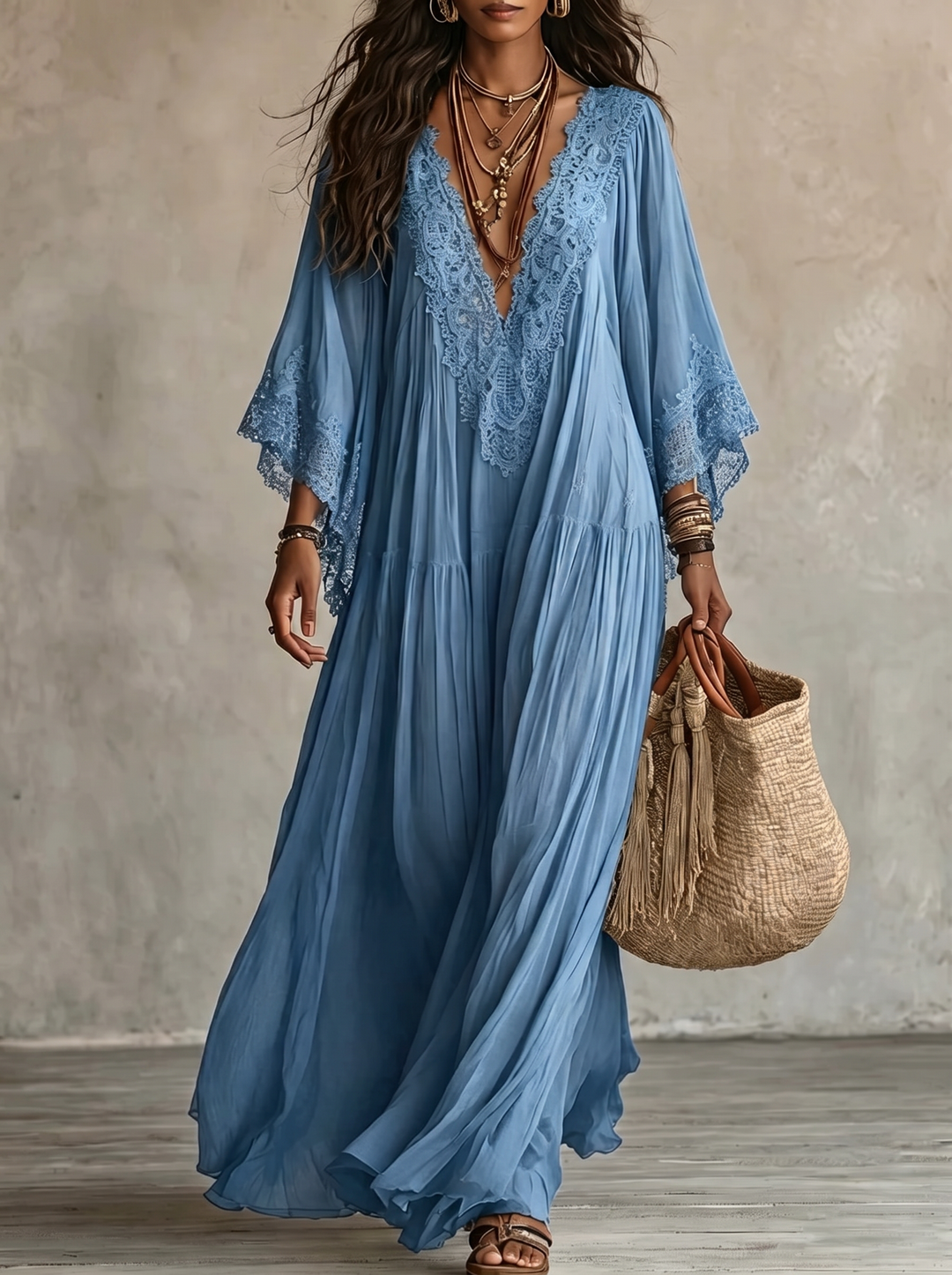 Emeline | Boho Maxi Dress with Wide Sleeves and Embroidery