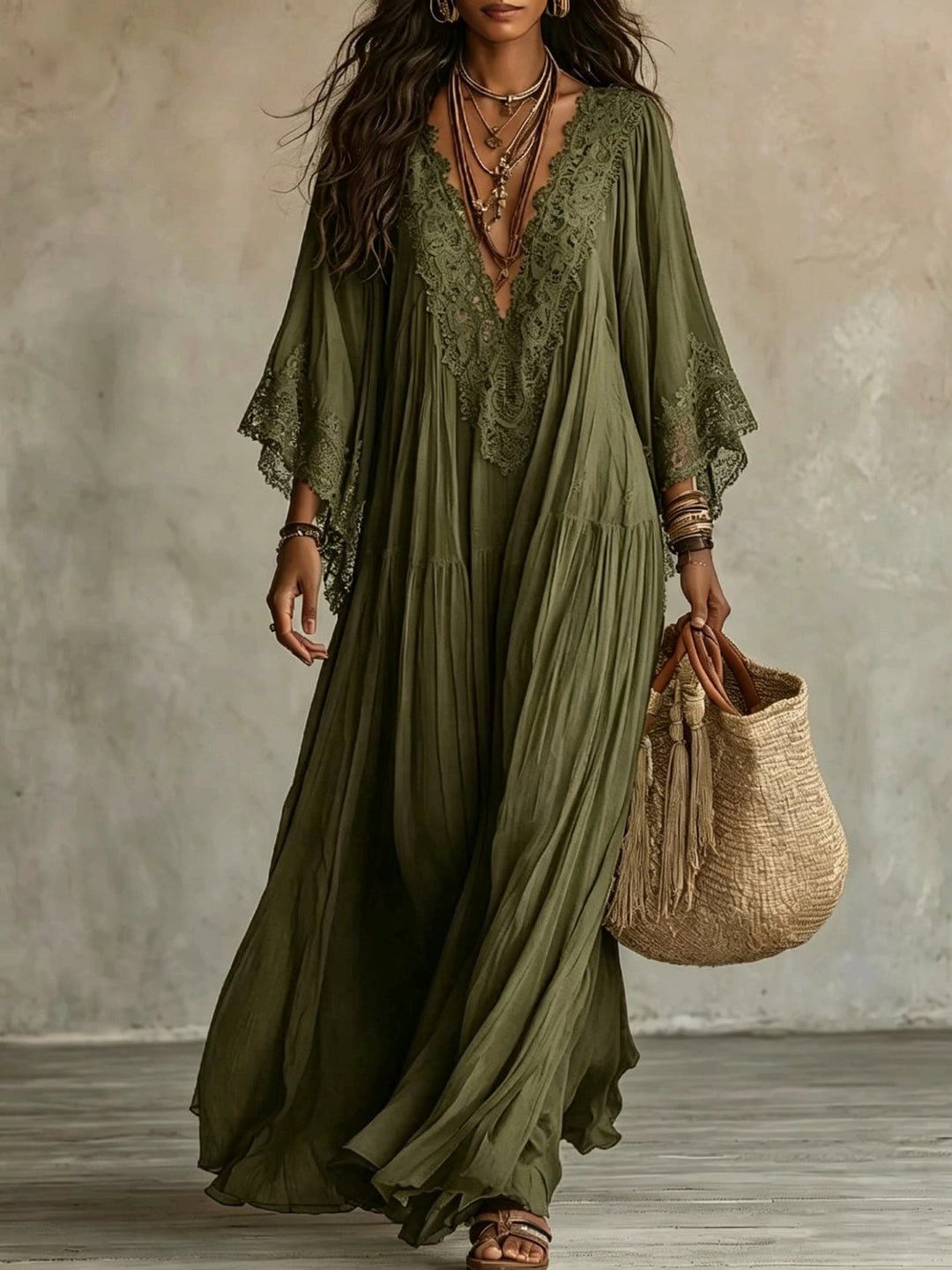 Emeline | Boho Maxi Dress with Wide Sleeves and Embroidery