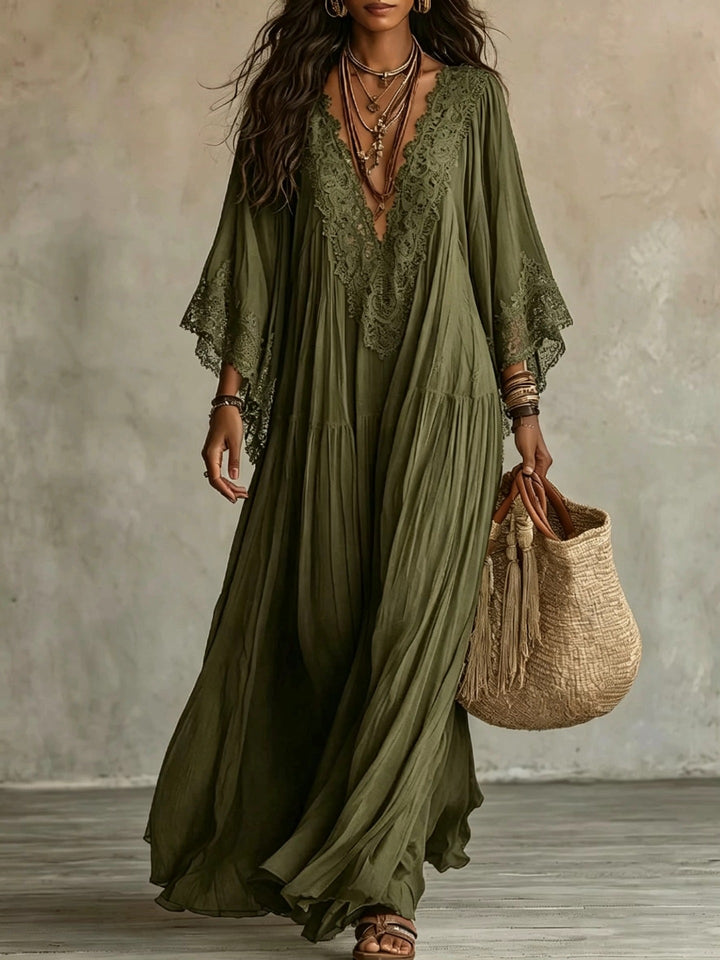 Emeline | Boho Maxi Dress with Wide Sleeves and Embroidery
