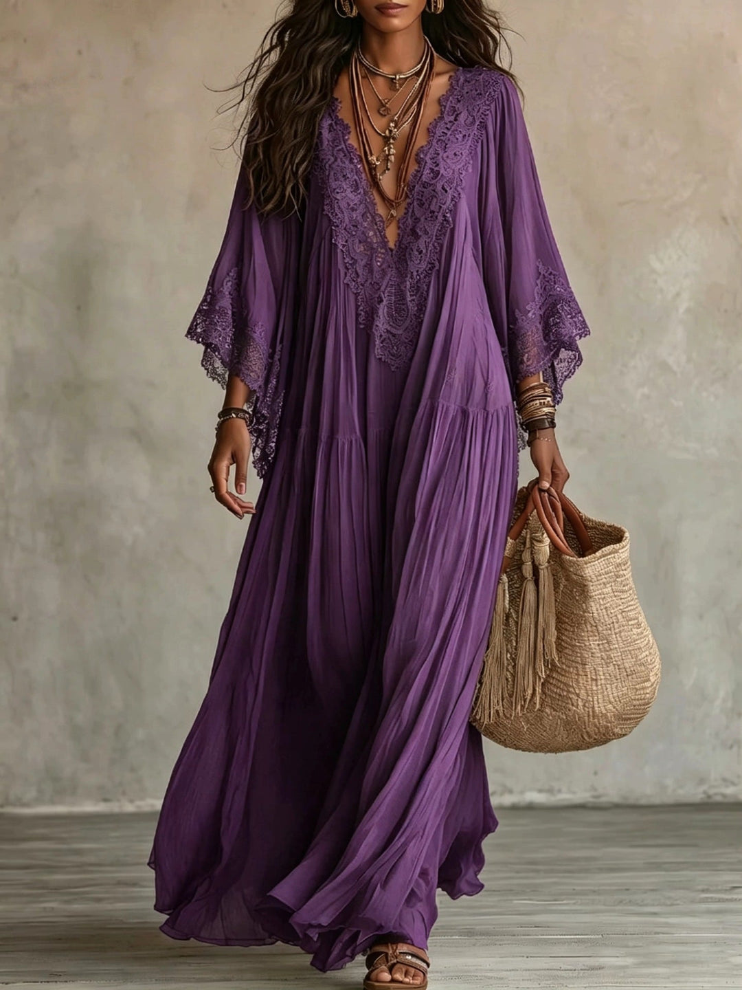 Emeline | Boho Maxi Dress with Wide Sleeves and Embroidery