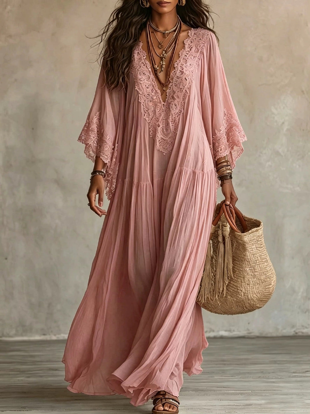 Emeline | Boho Maxi Dress with Wide Sleeves and Embroidery