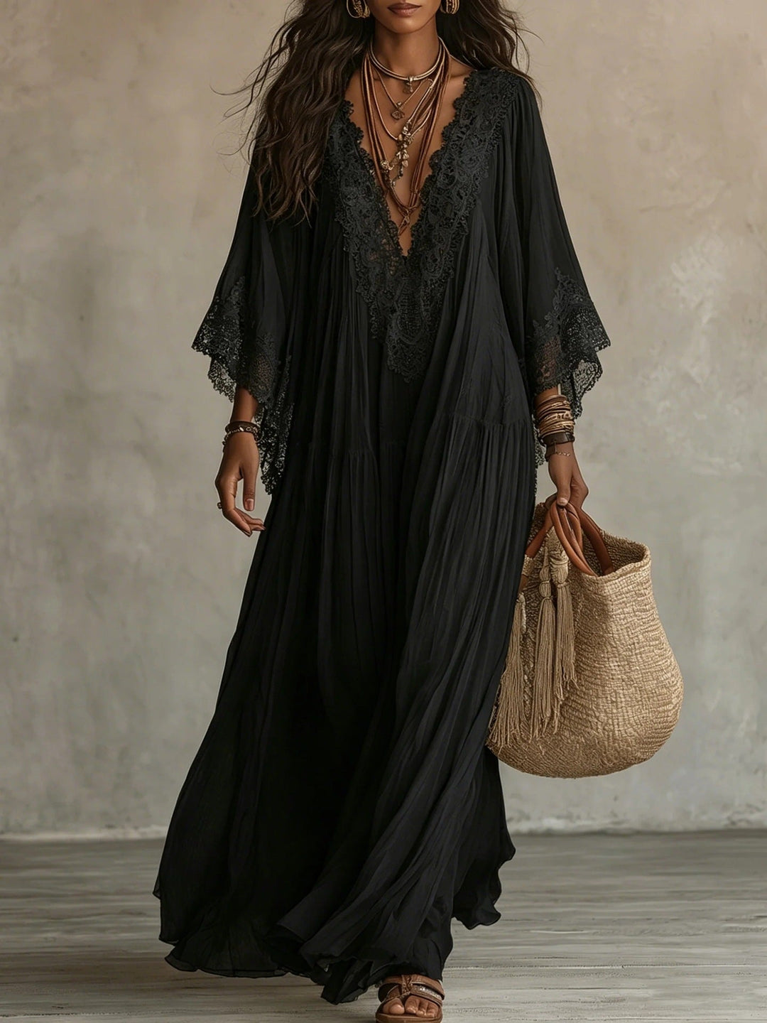 Emeline | Boho Maxi Dress with Wide Sleeves and Embroidery
