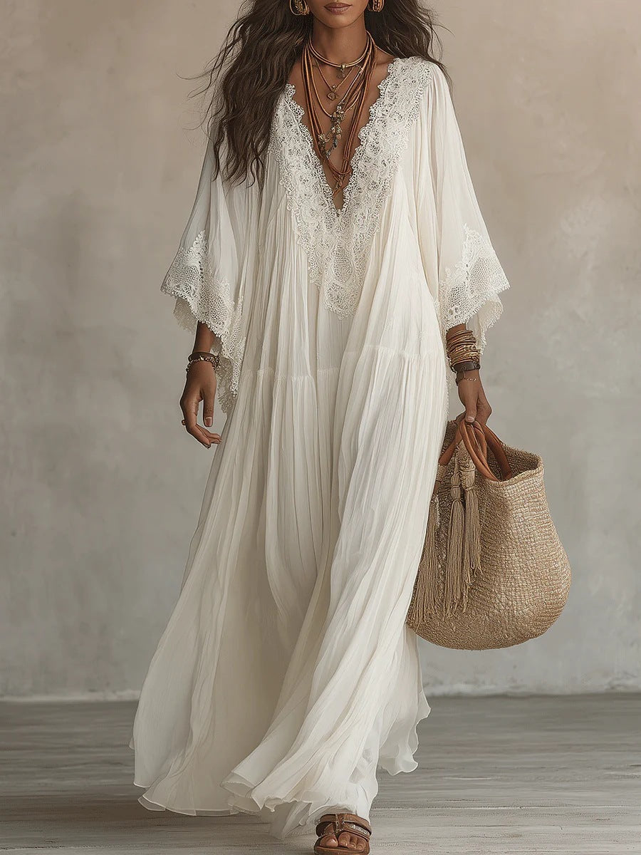 Emeline | Boho Maxi Dress with Wide Sleeves and Embroidery