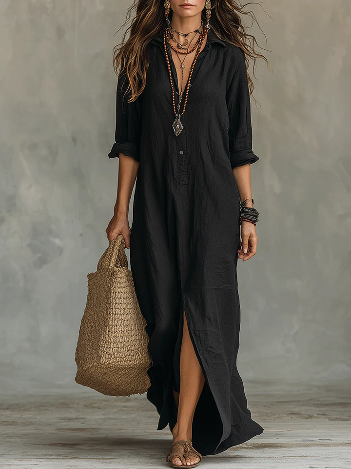 Soline - Long Maxi Dress in Black with Buttons