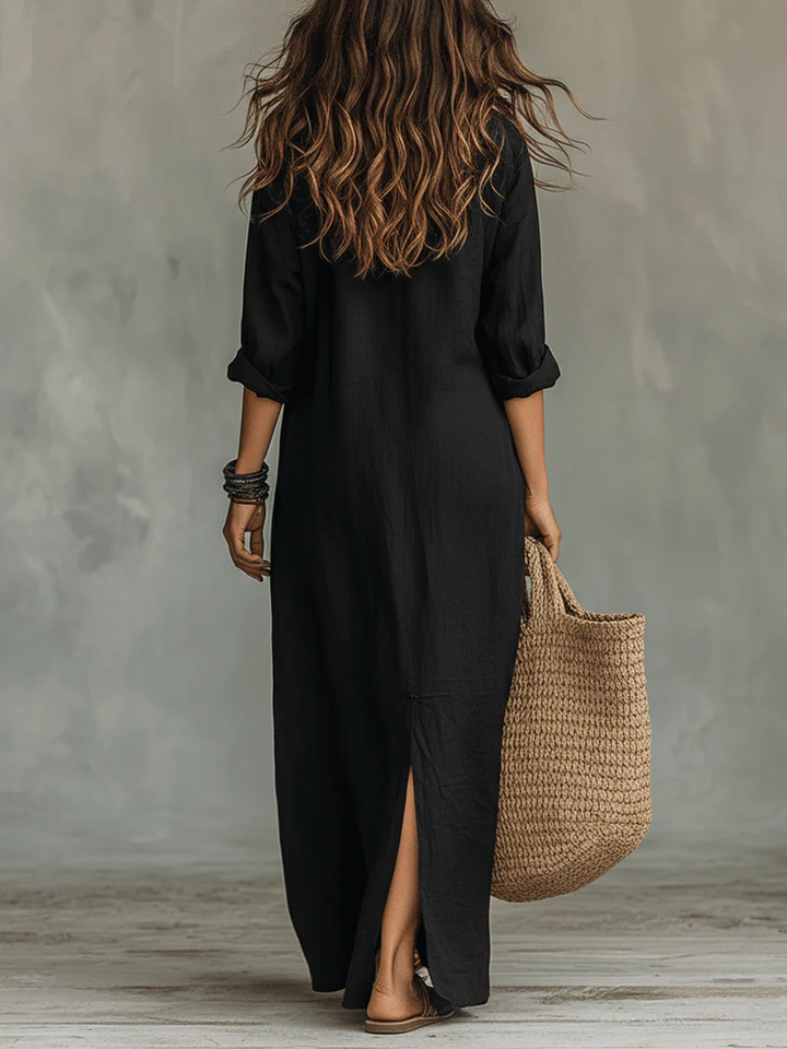 Soline - Long Maxi Dress in Black with Buttons