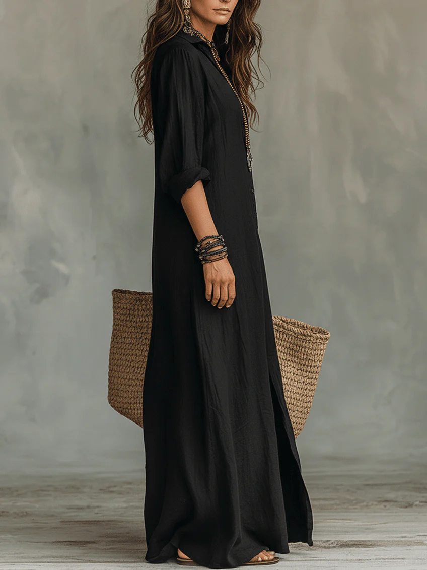 Soline - Long Maxi Dress in Black with Buttons