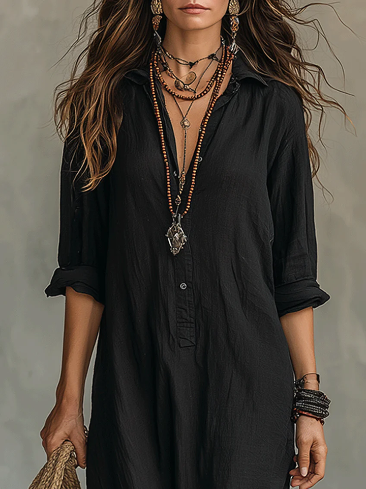 Soline - Long Maxi Dress in Black with Buttons