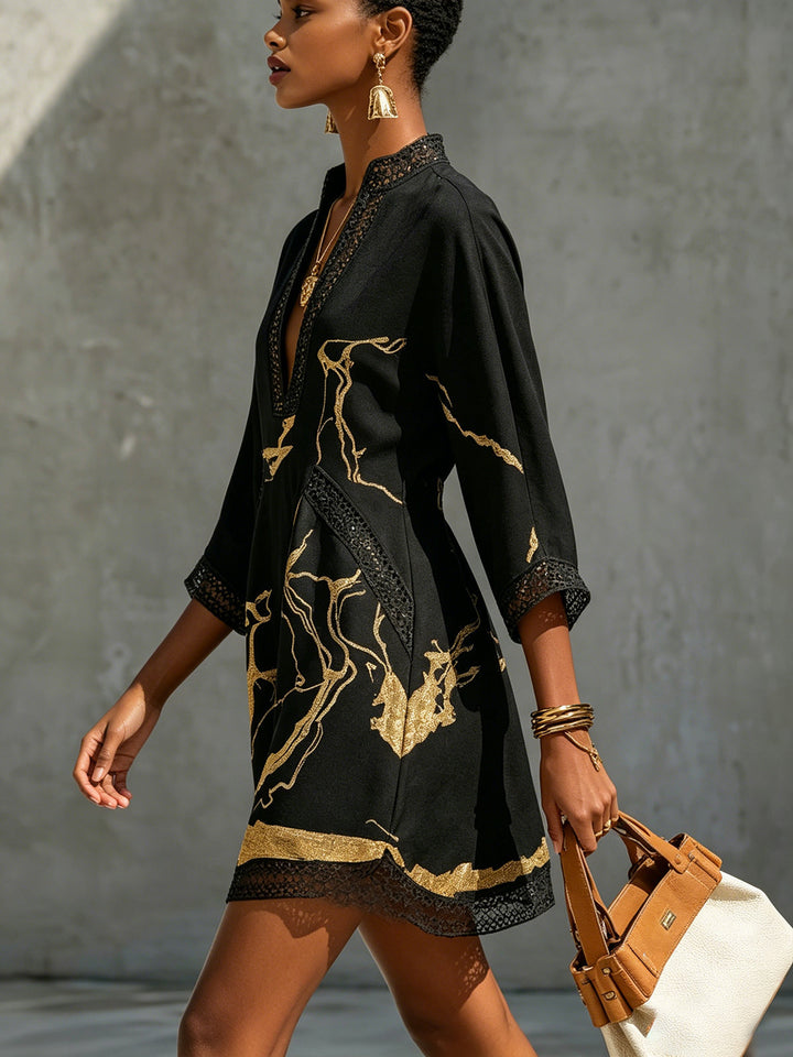 Brigitte | Mini Black Dress with Golden Marble Print and Crochet Lace