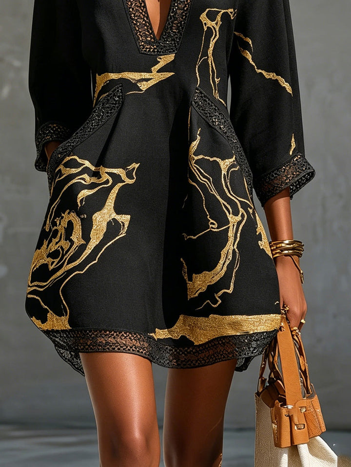 Brigitte | Mini Black Dress with Golden Marble Print and Crochet Lace
