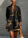 Brigitte | Mini Black Dress with Golden Marble Print and Crochet Lace