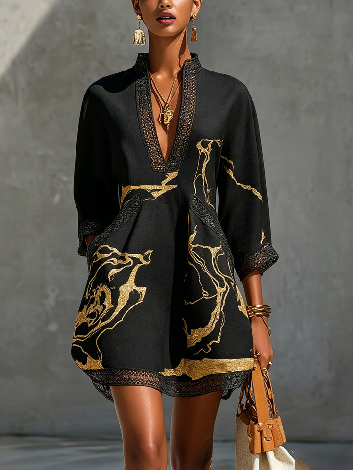 Brigitte | Mini Black Dress with Golden Marble Print and Crochet Lace