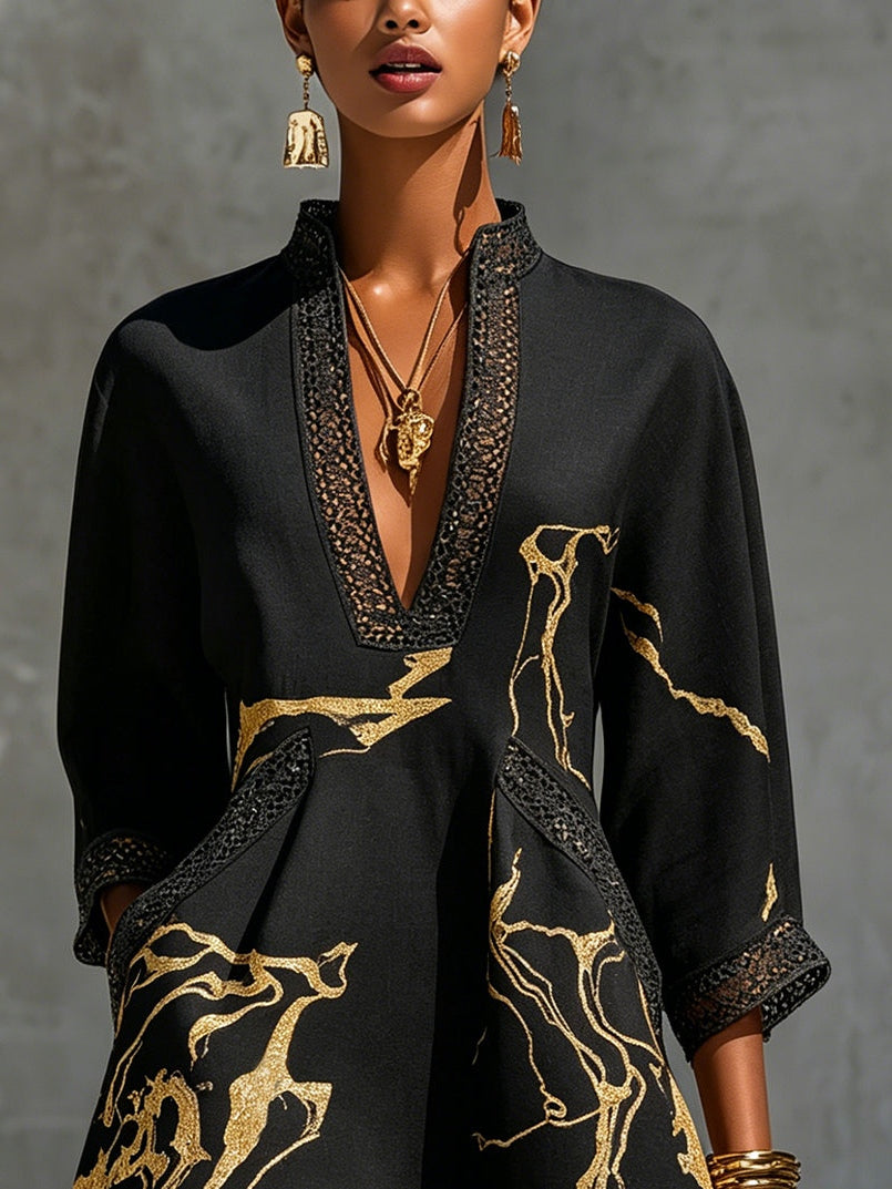 Brigitte | Mini Black Dress with Golden Marble Print and Crochet Lace