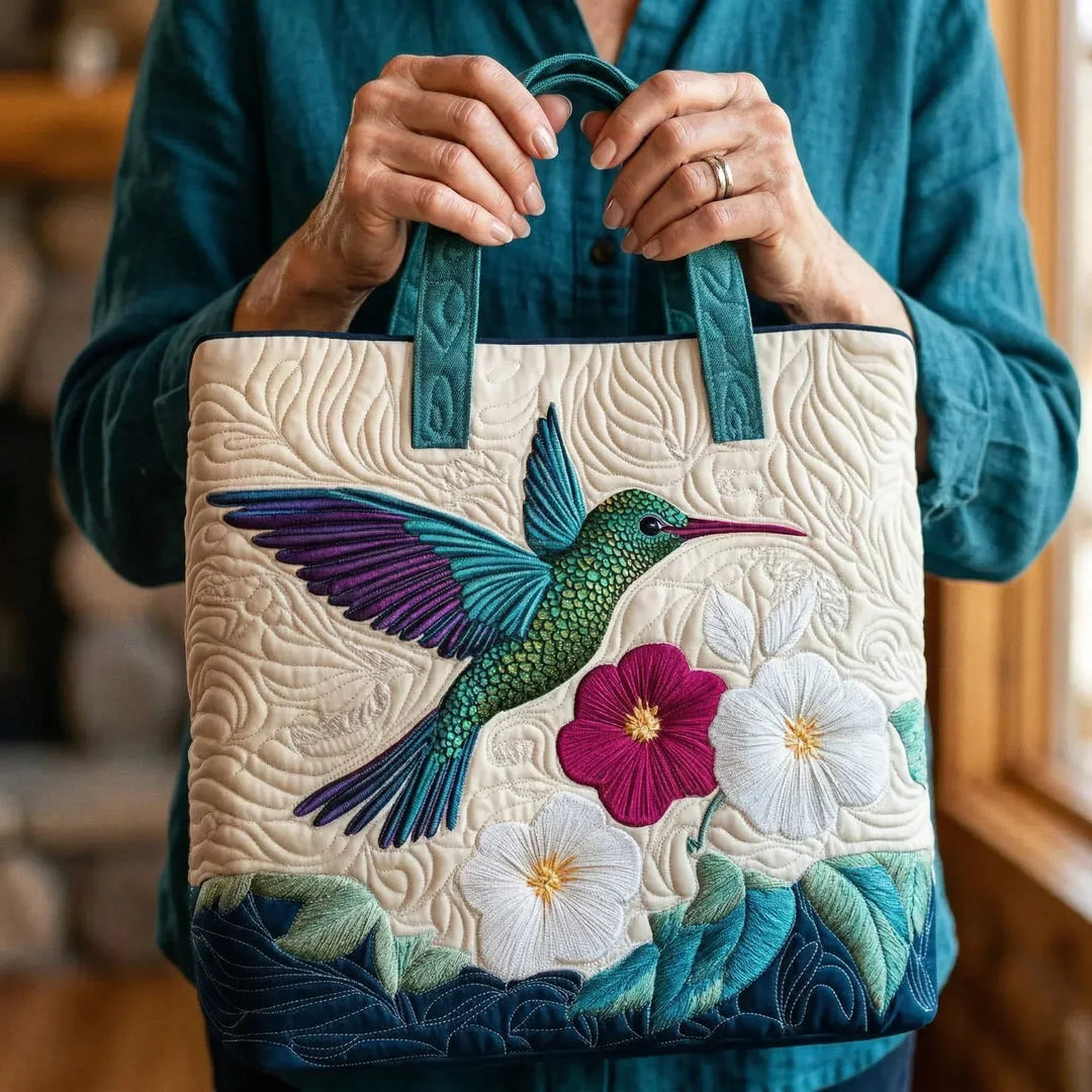 Hummingbird and White Flower - Quilted Tote Bag