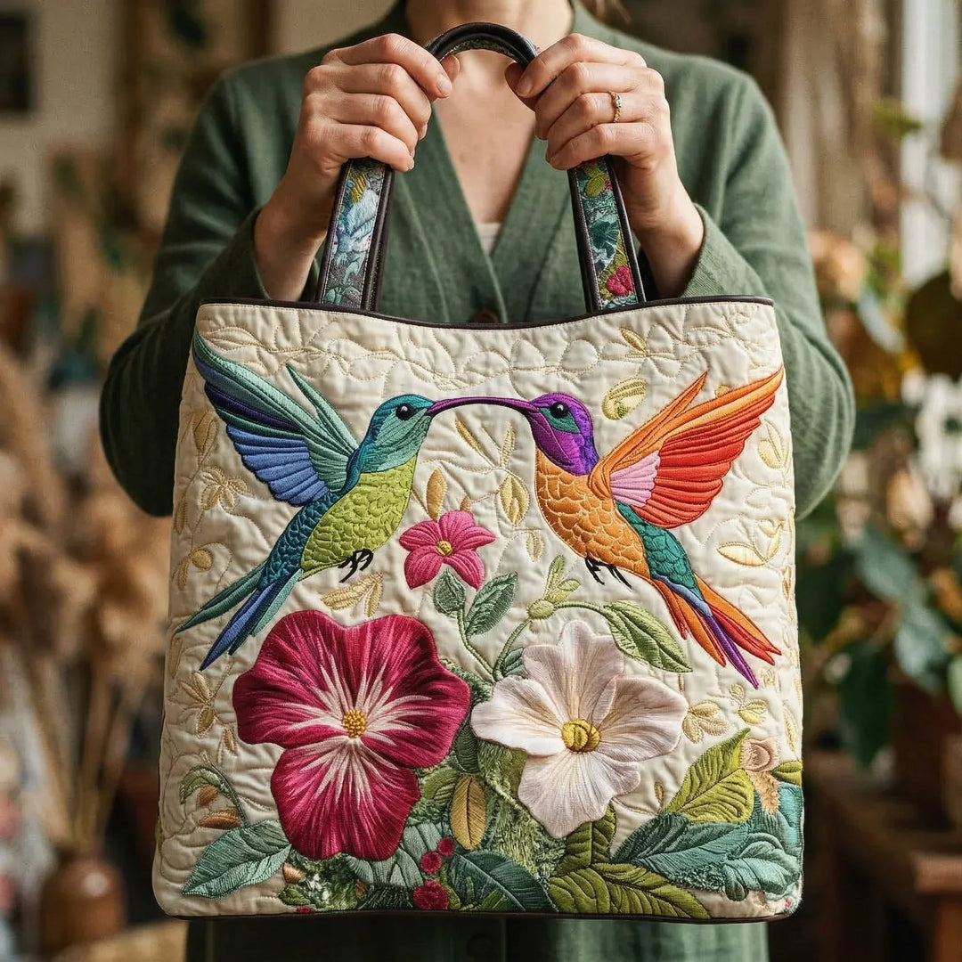 Kolibri and White Flowers - Quilted Tote Bag