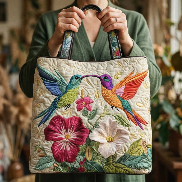 Kolibri and White Flowers - Quilted Tote Bag