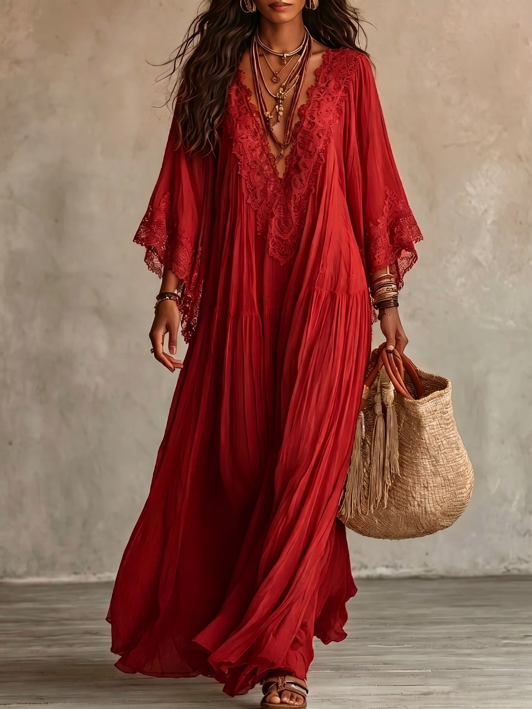 Emeline | Boho Maxi Dress with Wide Sleeves and Embroidery
